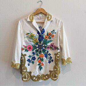 Mr Dino Vintage Floral Print White Shirt with Gold Accents 1960's
